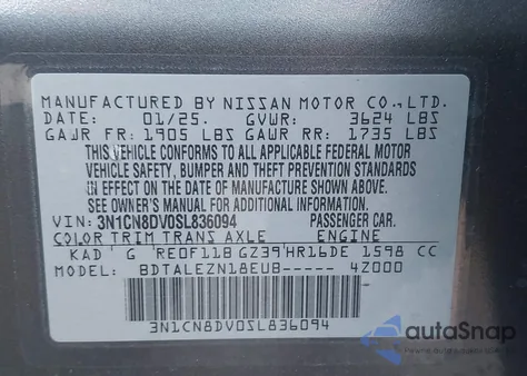 2025 Nissan Versa 1.6 S z USA, uszkodzony, nr VIN 3N1CN8DV0SL836094